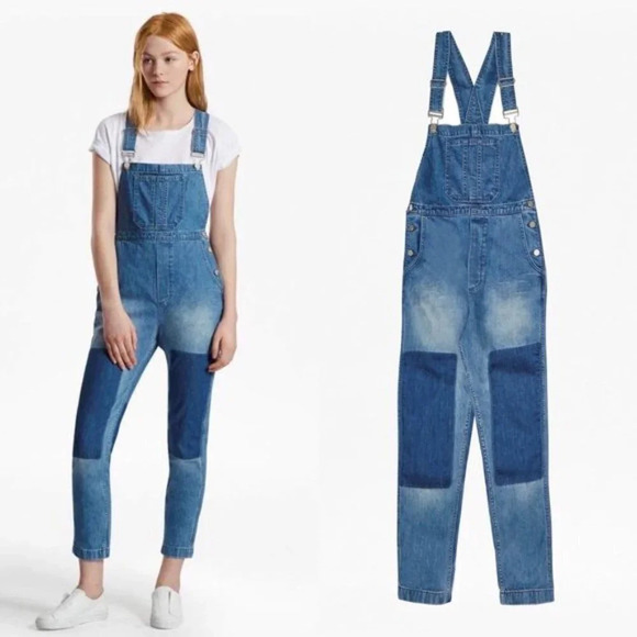 French Connection Blue  Shadow Dungarees Denim Overalls Med - Picture 1 of 16